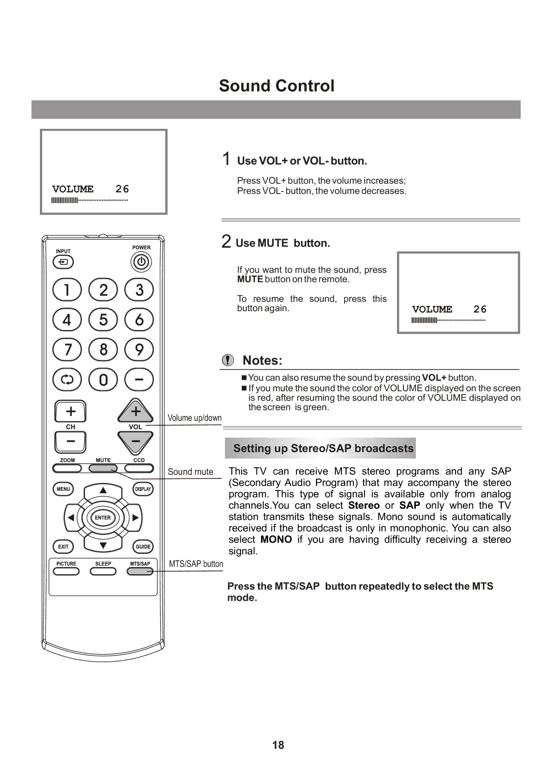 Memorex Flat Screen Tv manual Sound Control, Use VOL+ or VOL- button, Use Mute button, Setting up Stereo/SAP broadcasts 