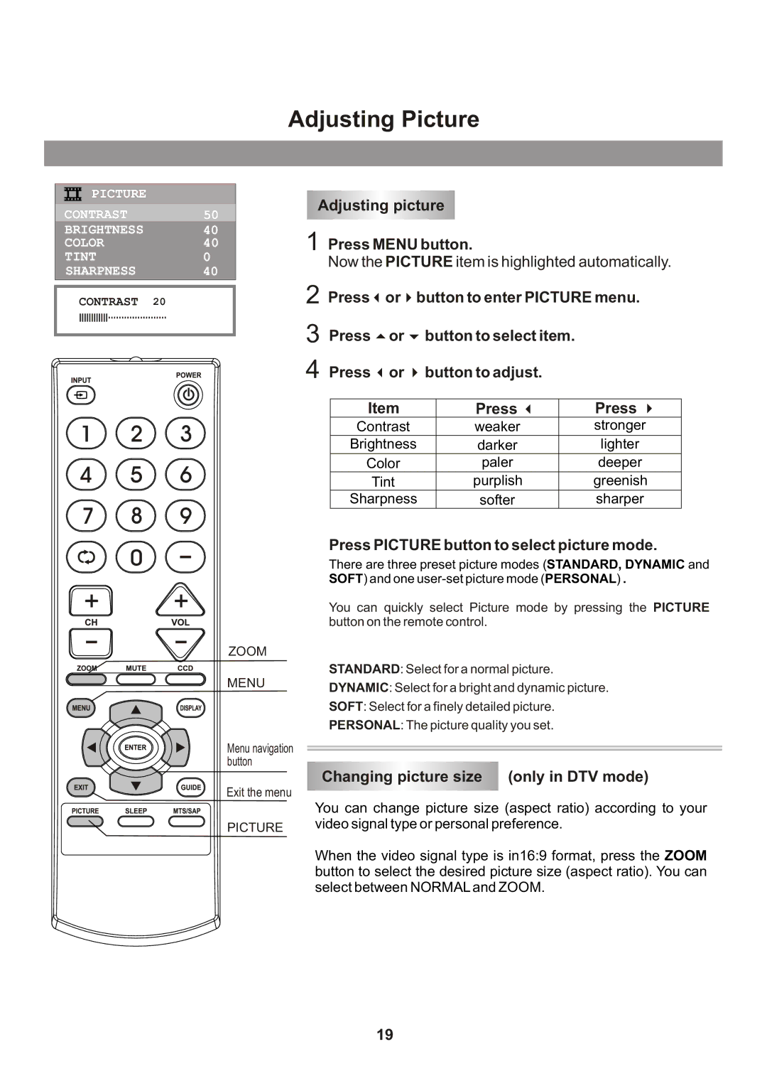 Memorex Flat Screen Tv Adjusting Picture, Adjusting picture Press Menu button, Press Picture button to select picture mode 