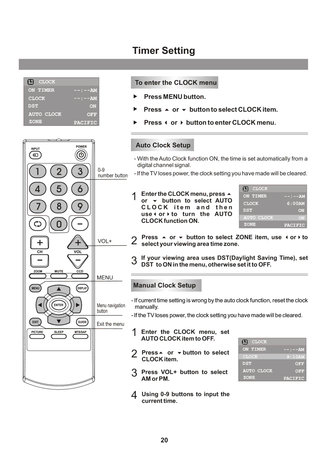 Memorex Flat Screen Tv Timer Setting, To enter the Clock menu Press Menu button, Auto Clock Setup, Manual Clock Setup 