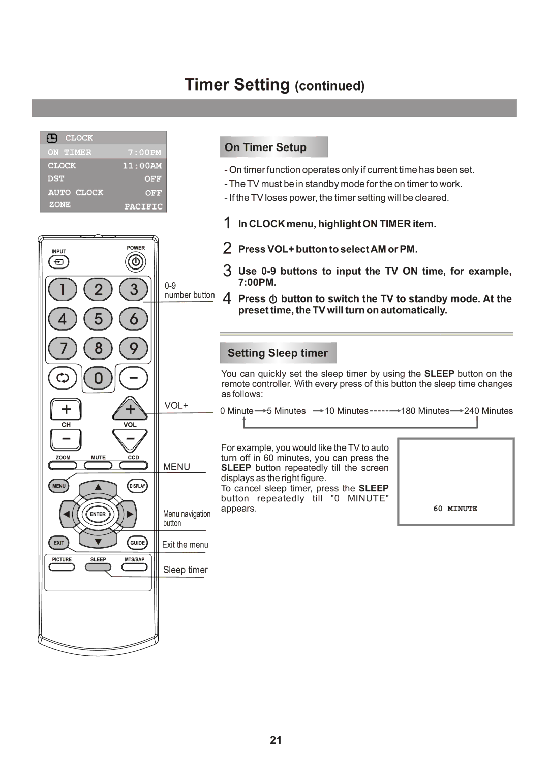 Memorex Flat Screen Tv manual On Timer Setup, Setting Sleep timer 