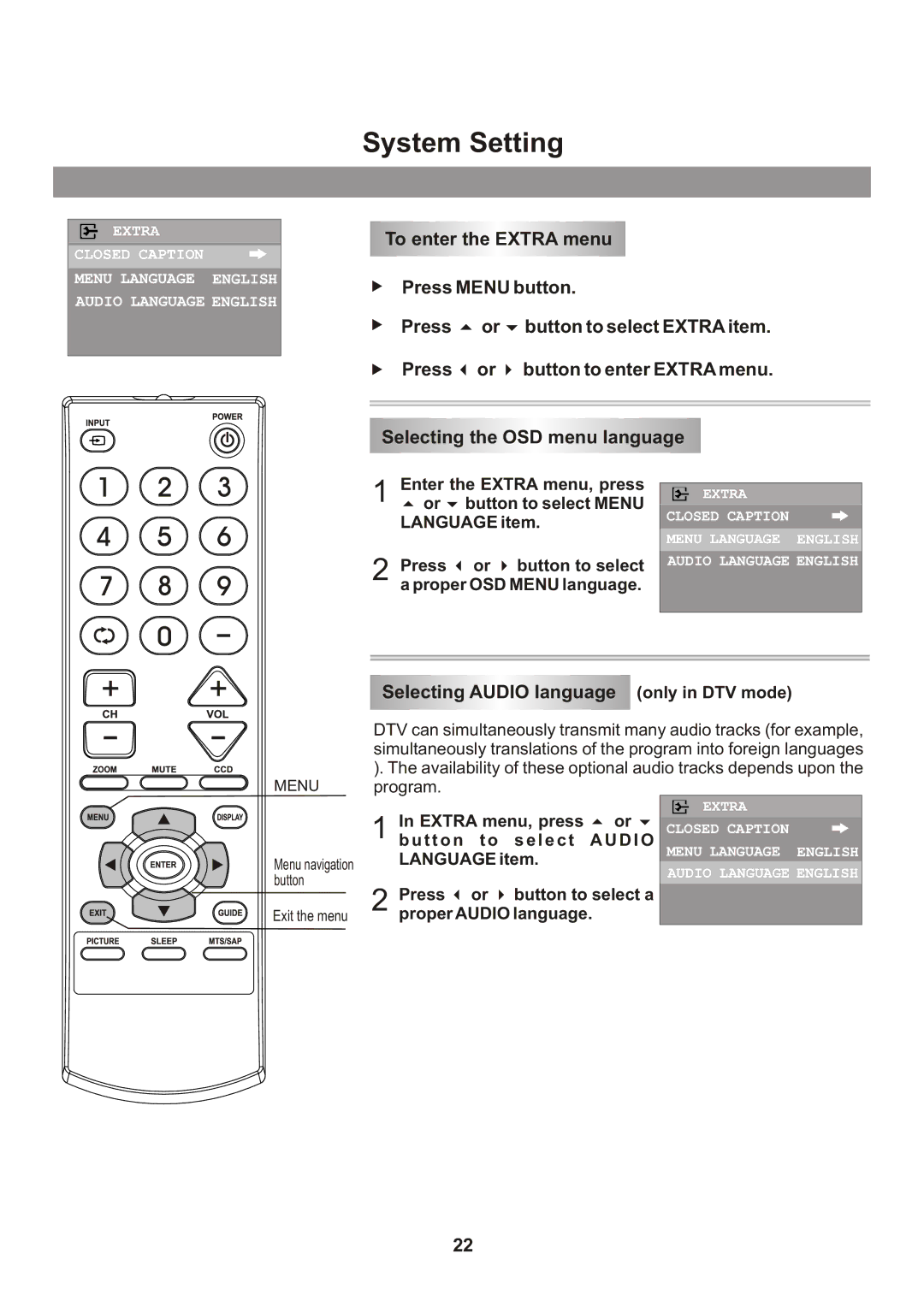 Memorex Flat Screen Tv manual System Setting, To enter the Extra menu Press Menu button, Selecting the OSD menu language 