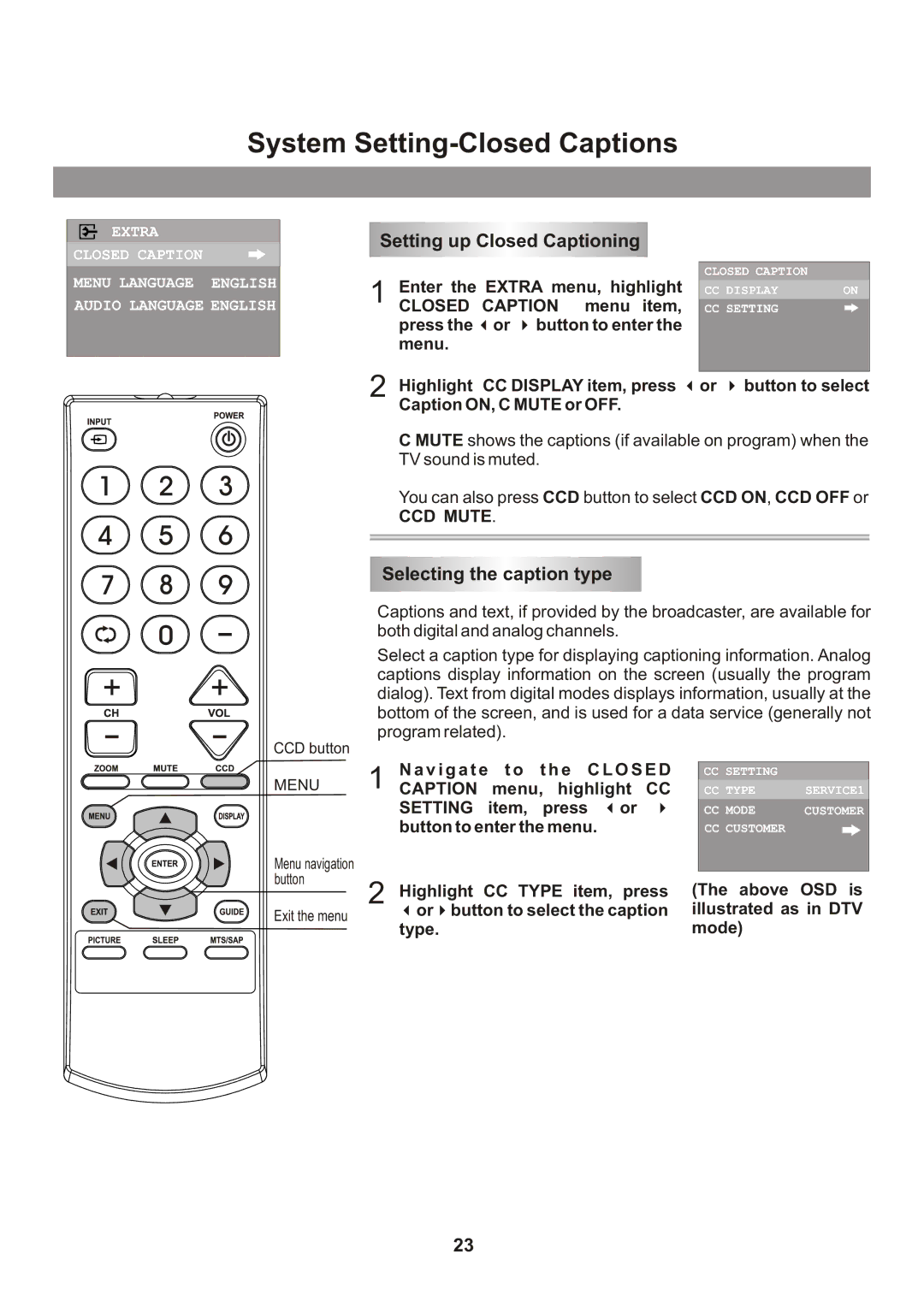 Memorex Flat Screen Tv manual System Setting-Closed Captions, Setting up Closed Captioning, Selecting the caption type 