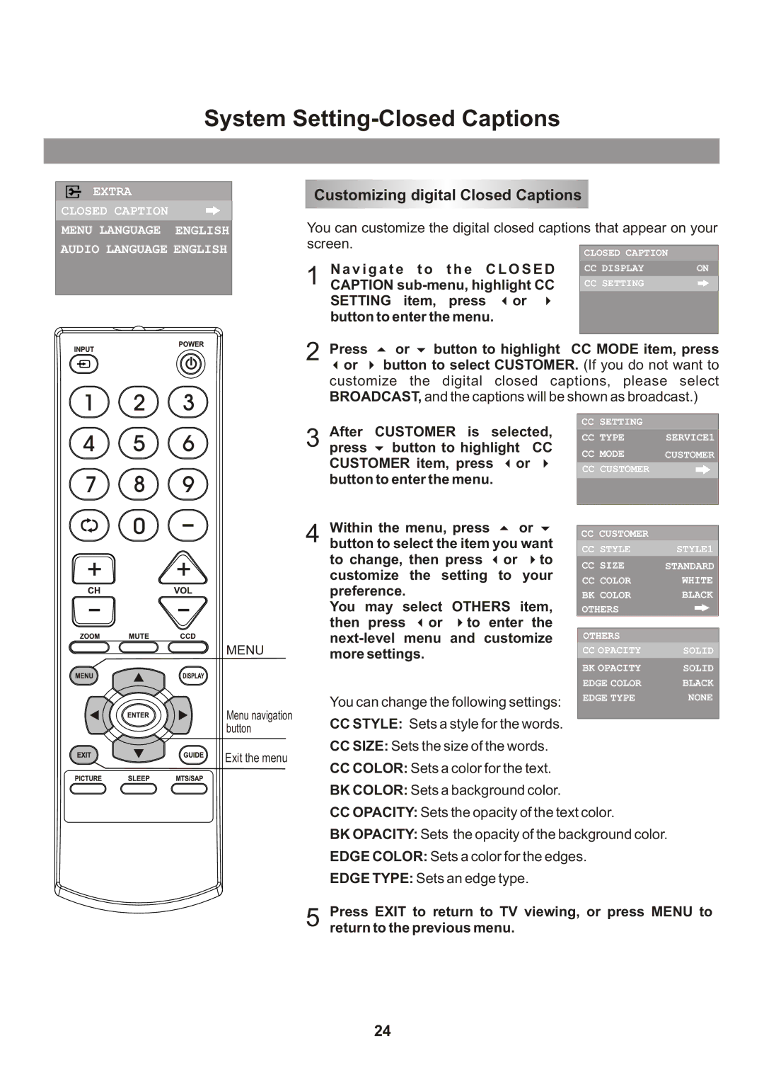 Memorex Flat Screen Tv manual Customizing digital Closed Captions, Customer 