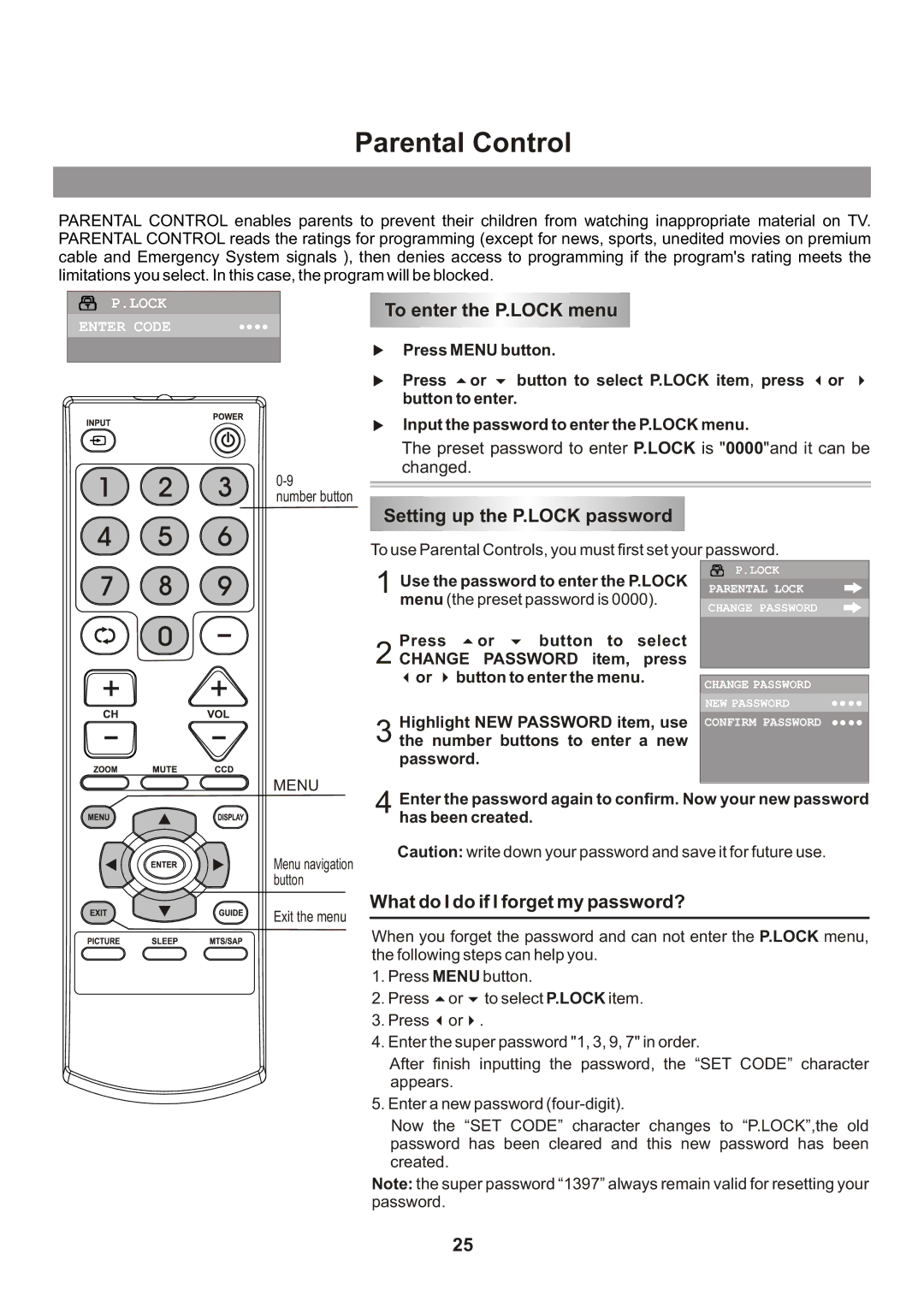 Memorex Flat Screen Tv manual Parental Control, To enter the P.LOCK menu, Setting up the P.LOCK password 