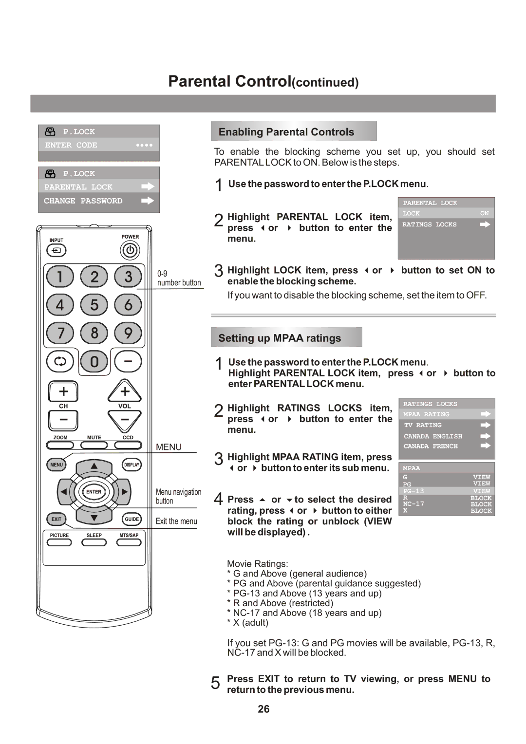 Memorex Flat Screen Tv manual Enabling Parental Controls, Setting up Mpaa ratings 