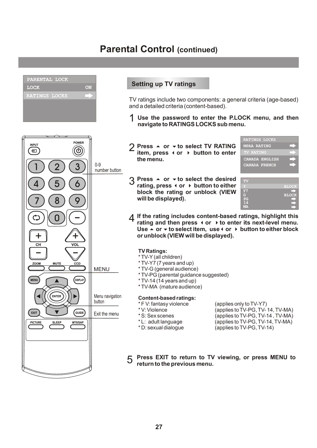 Memorex Flat Screen Tv manual Setting up TV ratings, Press To select the desired Rating, press, Rating and then press or 