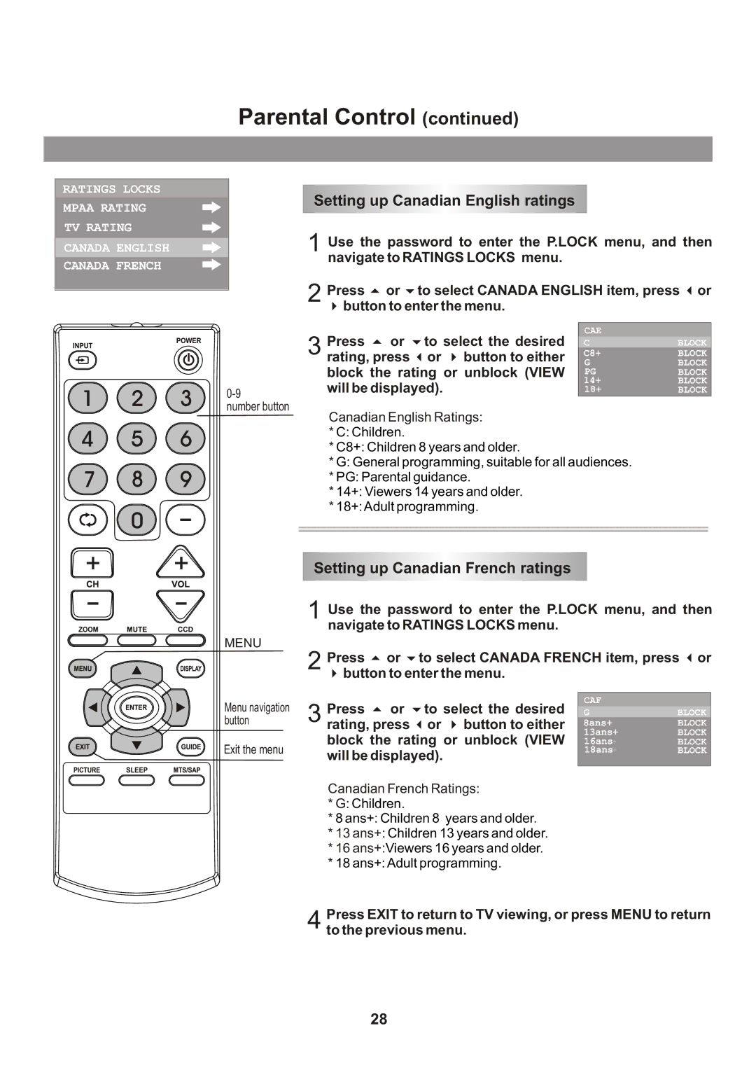 Memorex Flat Screen Tv manual Setting up Canadian English ratings, Setting up Canadian French ratings, Will be displayed 