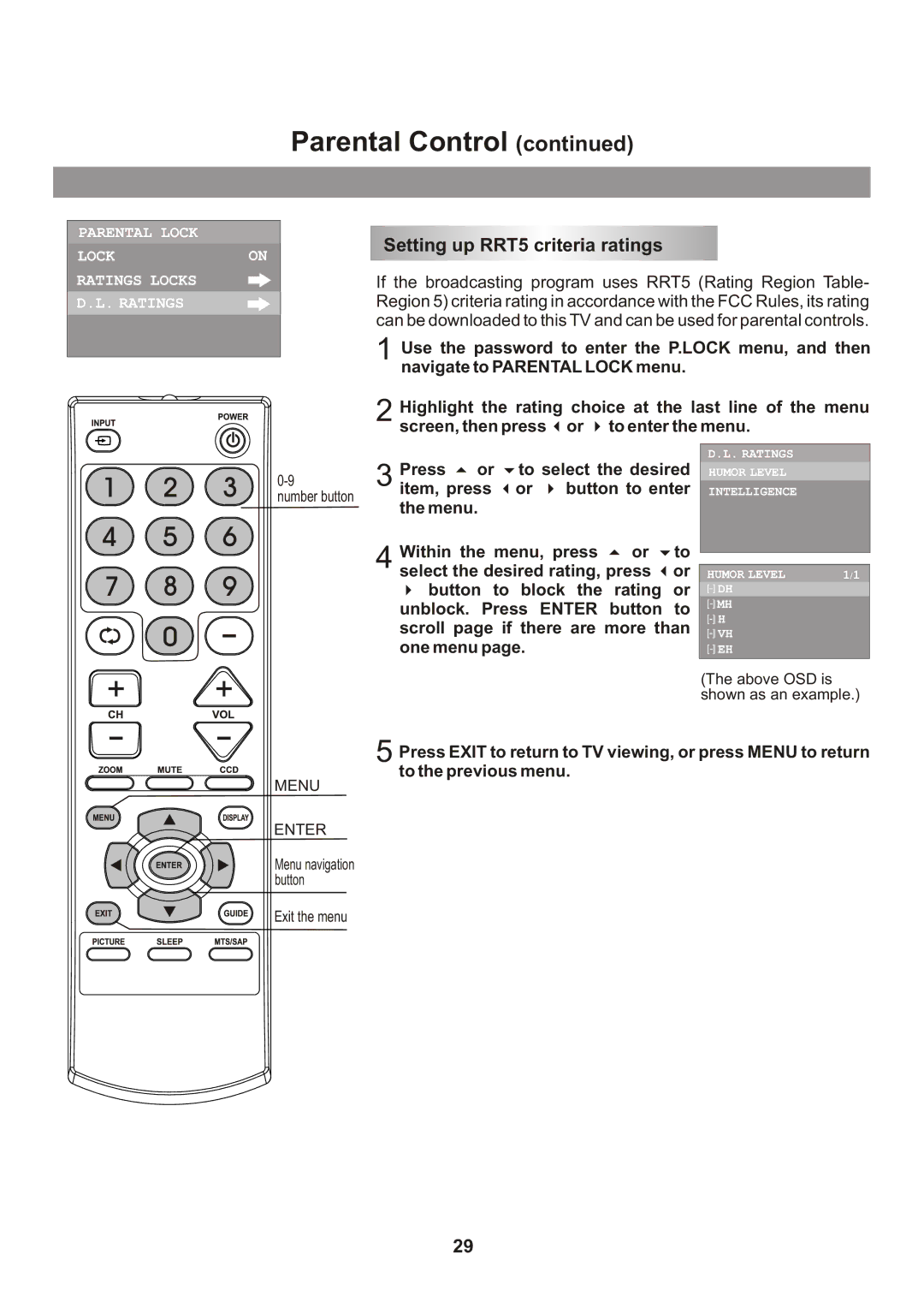 Memorex Flat Screen Tv manual Setting up RRT5 criteria ratings, Item, press Button to enter 