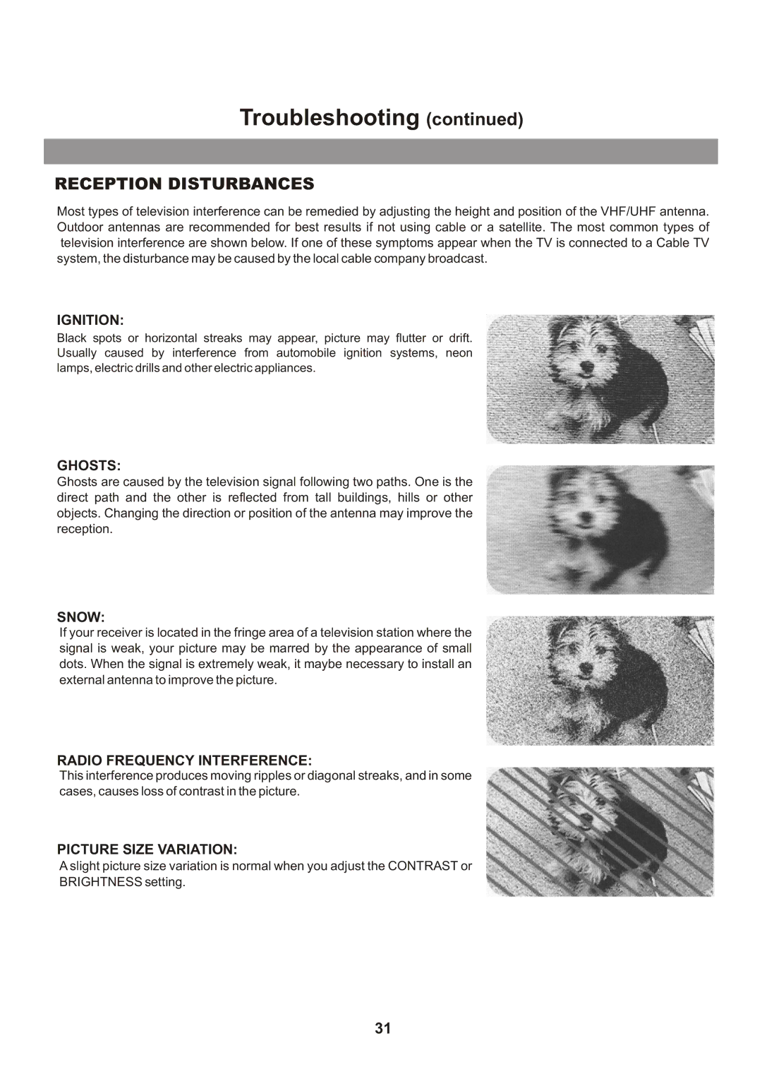 Memorex Flat Screen Tv manual Ignition, Ghosts, Snow, Radio Frequency Interference, Picture Size Variation 