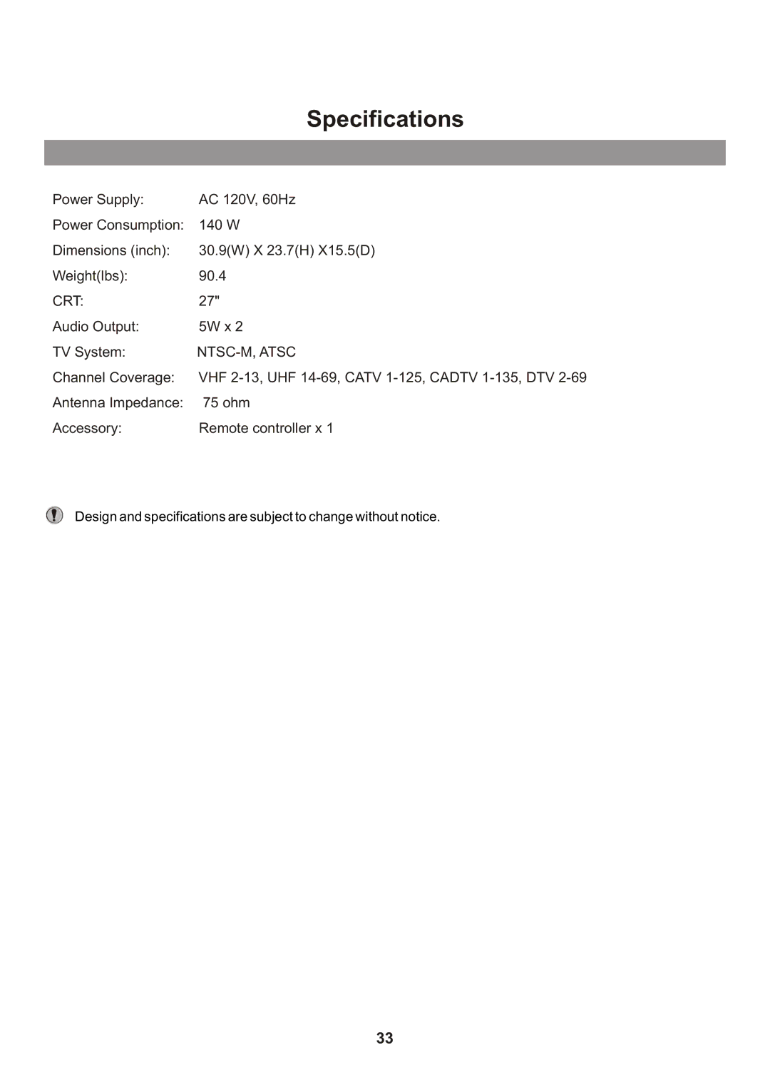 Memorex Flat Screen Tv manual Specifications, NTSC-M, Atsc 