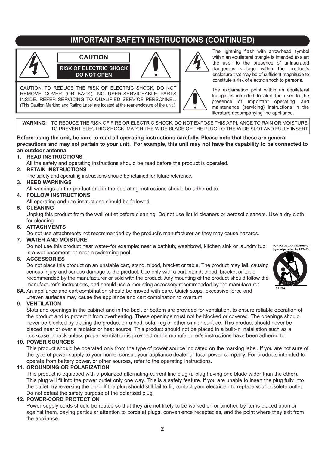 Memorex Flat Screen Tv manual Important Safety Instructions 