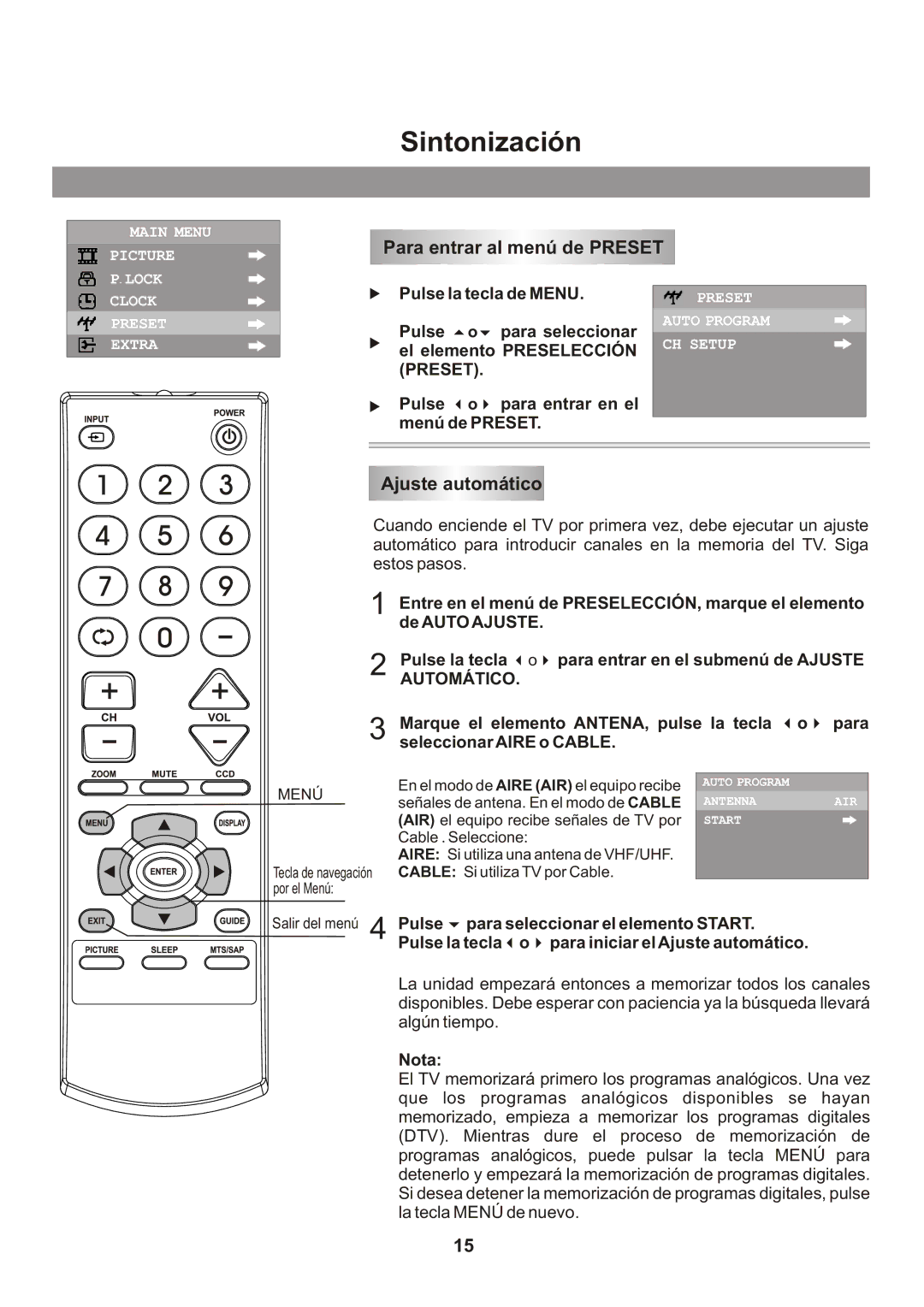 Memorex Flat Screen Tv manual Sintonización, Para entrar al menú de Preset, Ajuste automático, Automático 