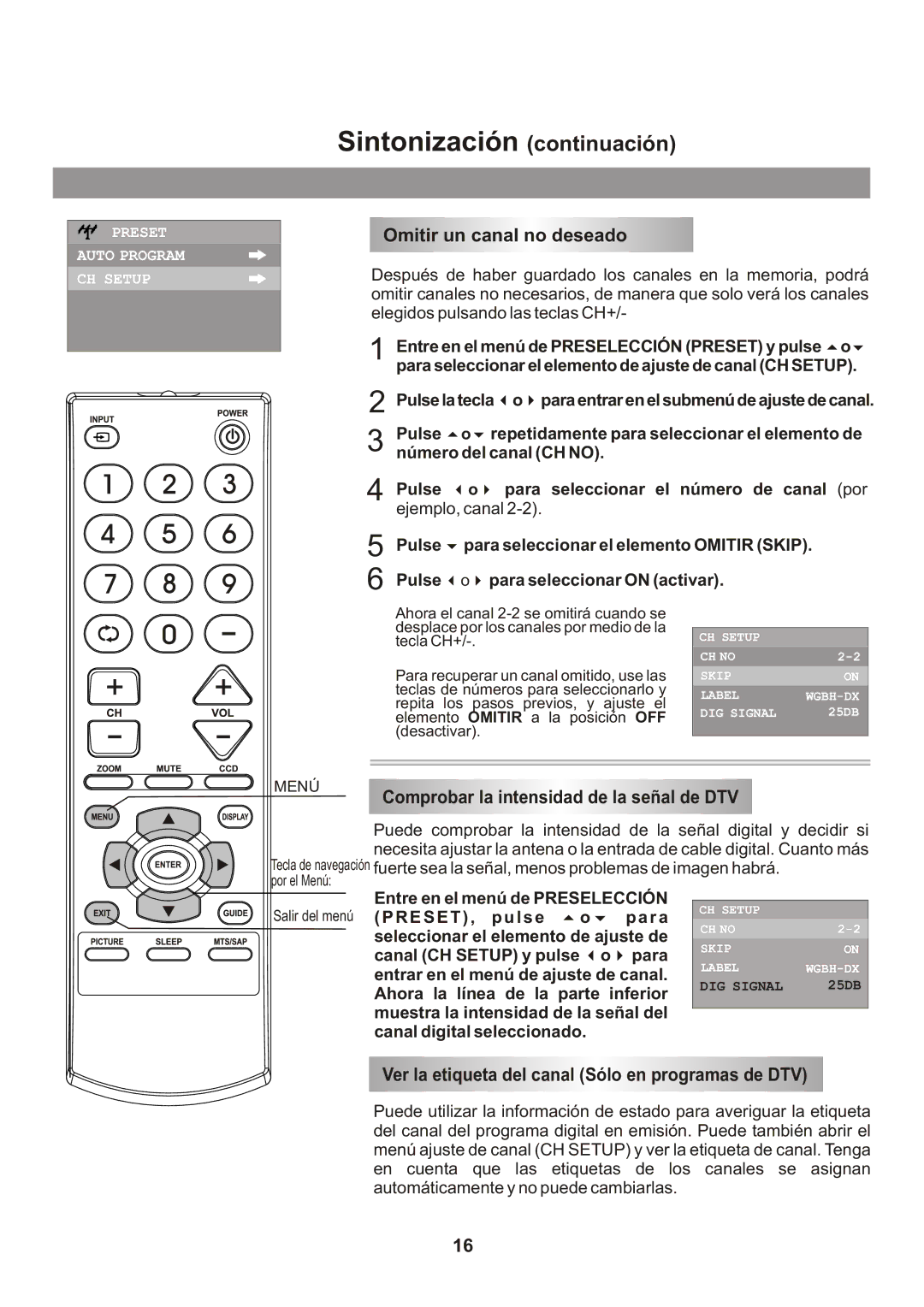 Memorex Flat Screen Tv Sintonización continuación, Omitir un canal no deseado, Comprobar la intensidad de la señal de DTV 