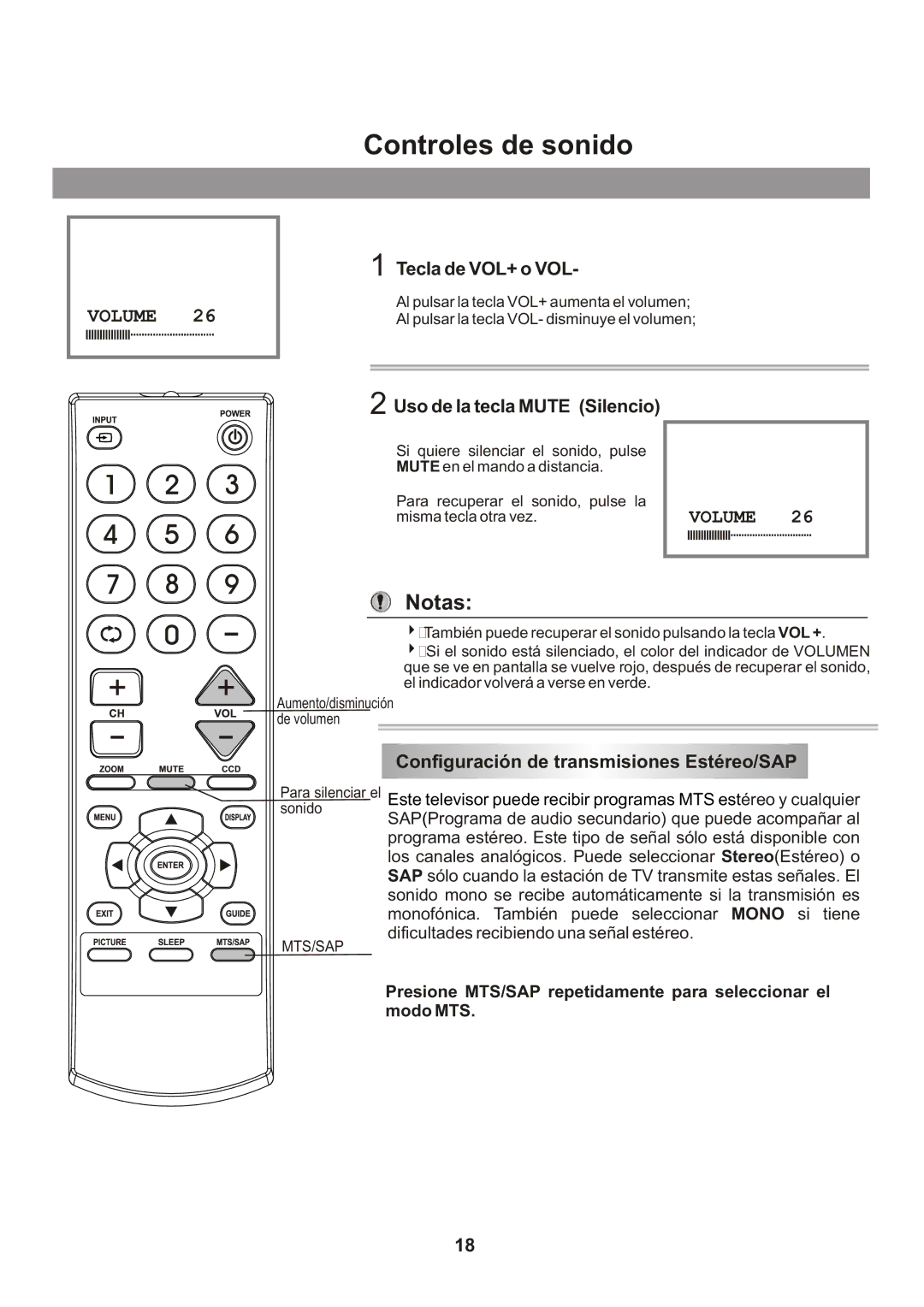 Memorex Flat Screen Tv manual Controles de sonido, Tecla de VOL+ o VOL, Uso de la tecla Mute Silencio 