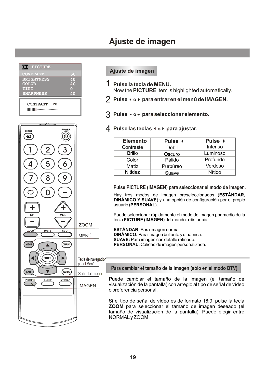 Memorex Flat Screen Tv manual Ajuste de imagen Pulse la tecla de Menu 