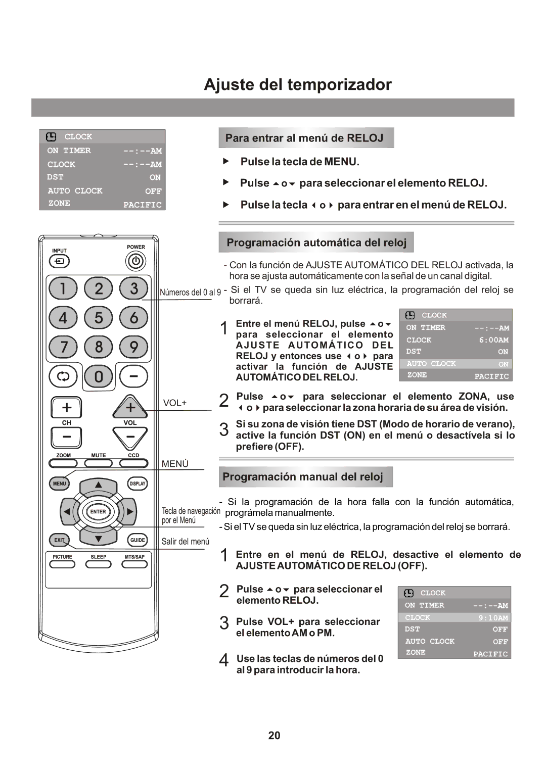 Memorex Flat Screen Tv Ajuste del temporizador, Programación manual del reloj, Ajuste Automático DE Reloj OFF 