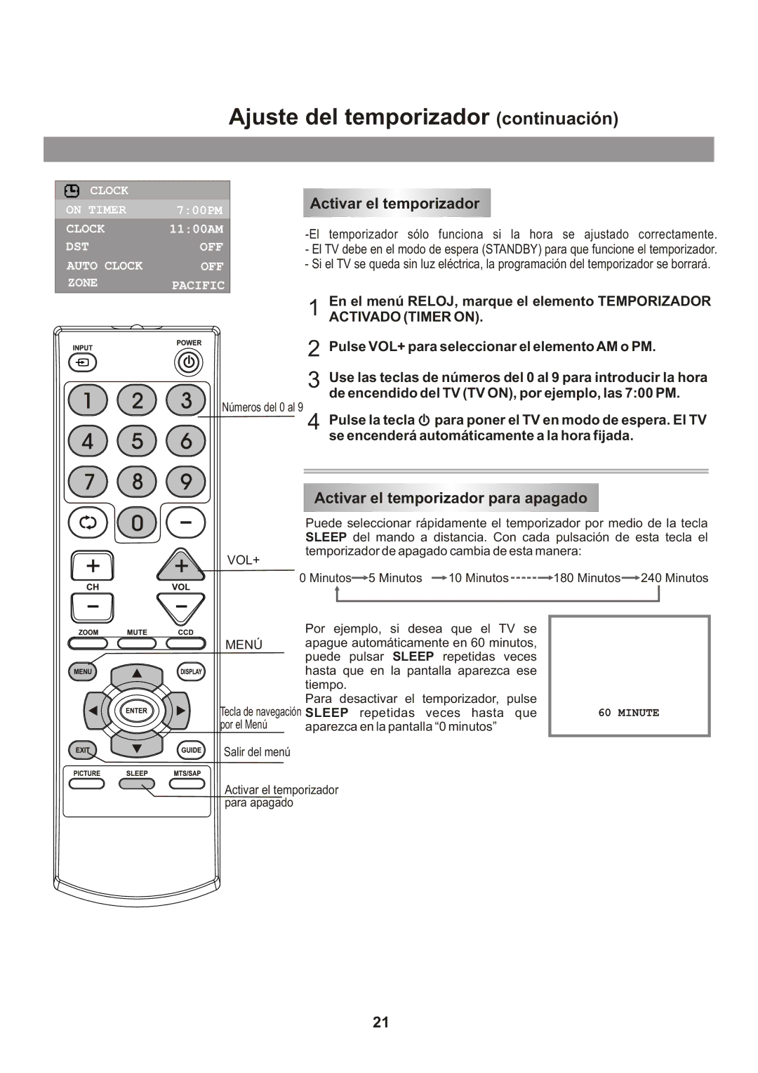 Memorex Flat Screen Tv Ajuste del temporizador continuación, Activar el temporizador para apagado, Activado Timer on 