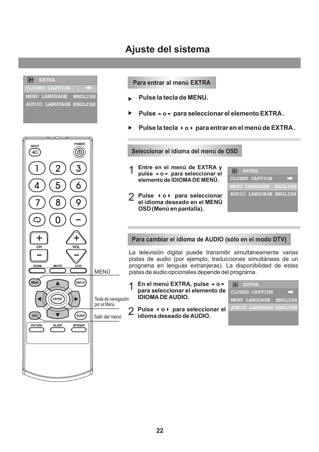 Memorex Flat Screen Tv manual Ajuste del sistema, Para cambiar el idioma de Audio sólo en el modo DTV, Idioma DE Audio 