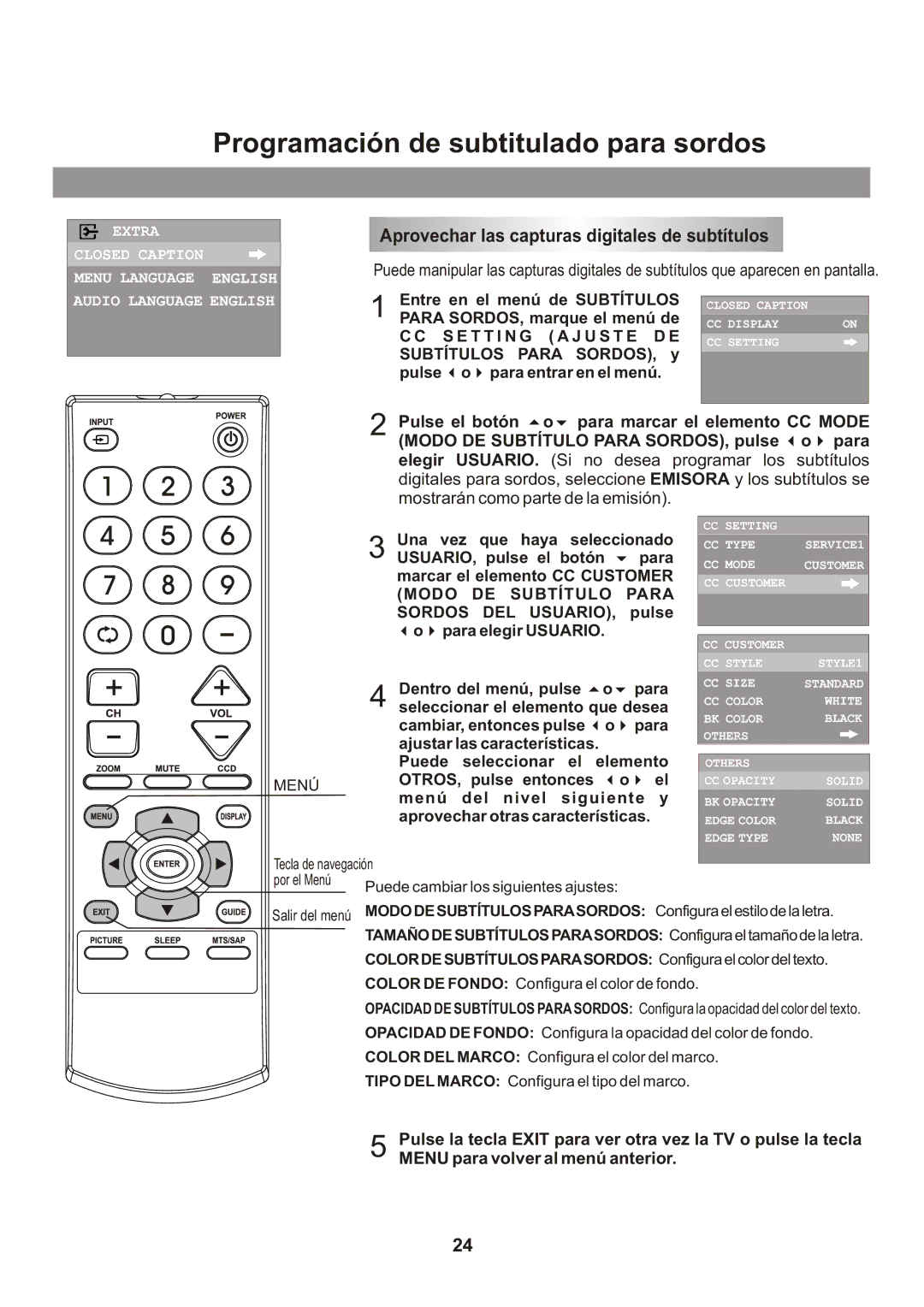 Memorex Flat Screen Tv manual Aprovechar las capturas digitales de subtítulos, Pulse el botón o para marcar el elemento CC 