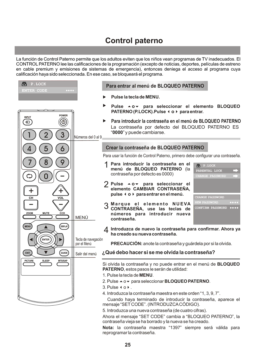 Memorex Flat Screen Tv Control paterno, Para entrar al menú de Bloqueo Paterno, Crear la contraseña de Bloqueo Paterno 