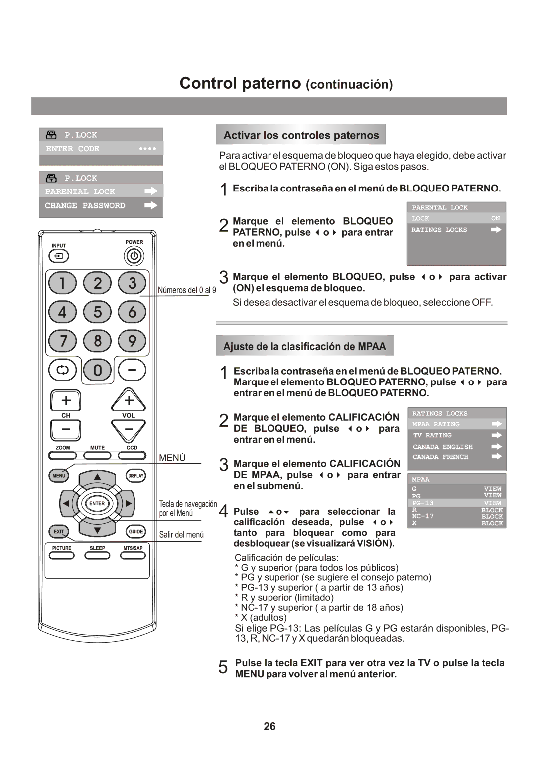 Memorex Flat Screen Tv Control paterno continuación, Activar los controles paternos, Ajuste de la clasificación de Mpaa 