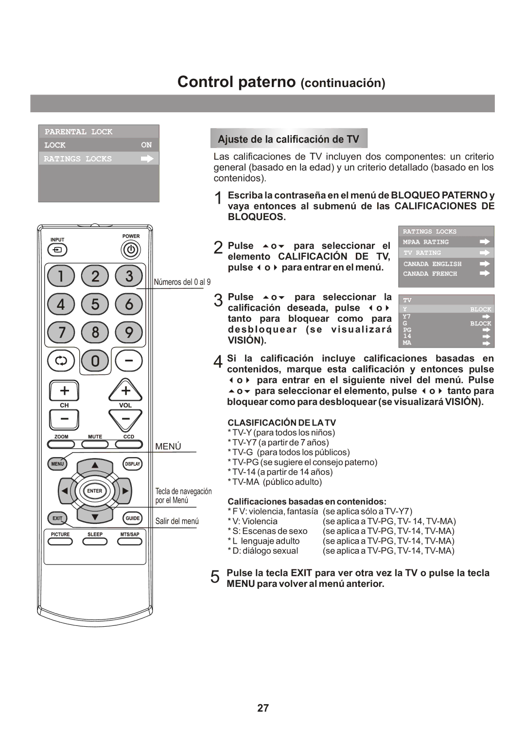 Memorex Flat Screen Tv manual Ajuste de la calificación de TV, Pulse Para, Visión 