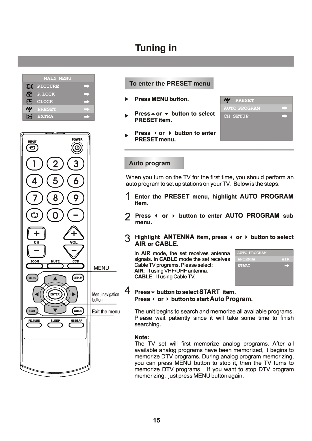 Memorex Flat Screen Tv manual Tuning in, To enter the PRESET menu, Auto program, AIR or CABLE 