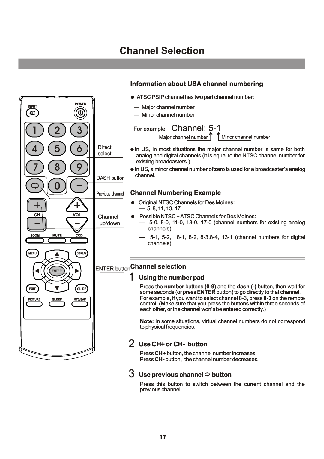 Memorex Flat Screen Tv manual Channel Selection, Information about USA channel numbering, Channel Numbering Example 