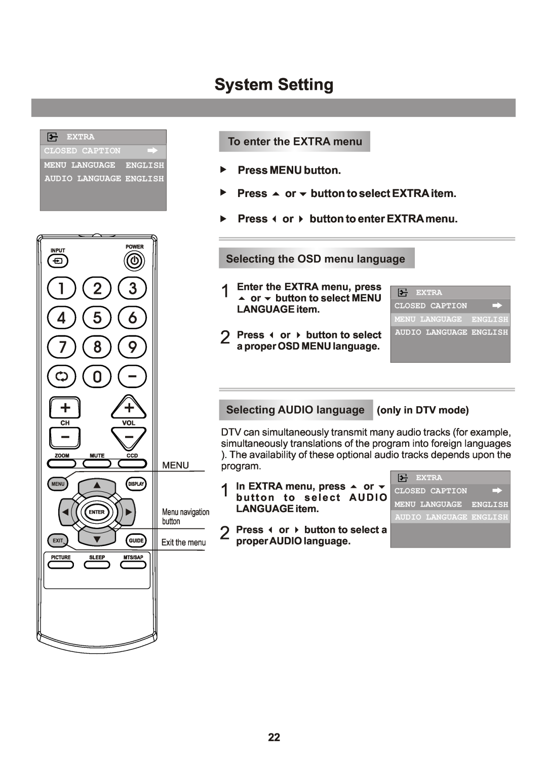 Memorex Flat Screen Tv manual System Setting, To enter the EXTRA menu Press MENU button, Selecting the OSD menu language 