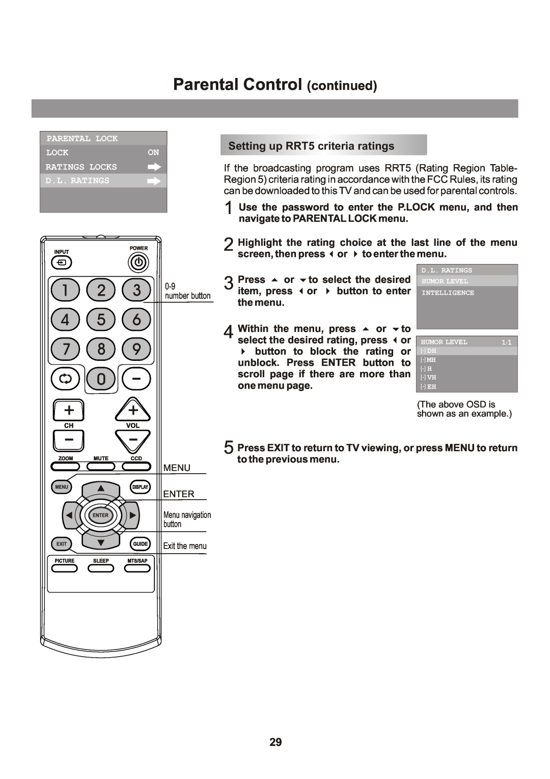 Memorex Flat Screen Tv manual Parental Control continued, Setting up RRT5 criteria ratings 