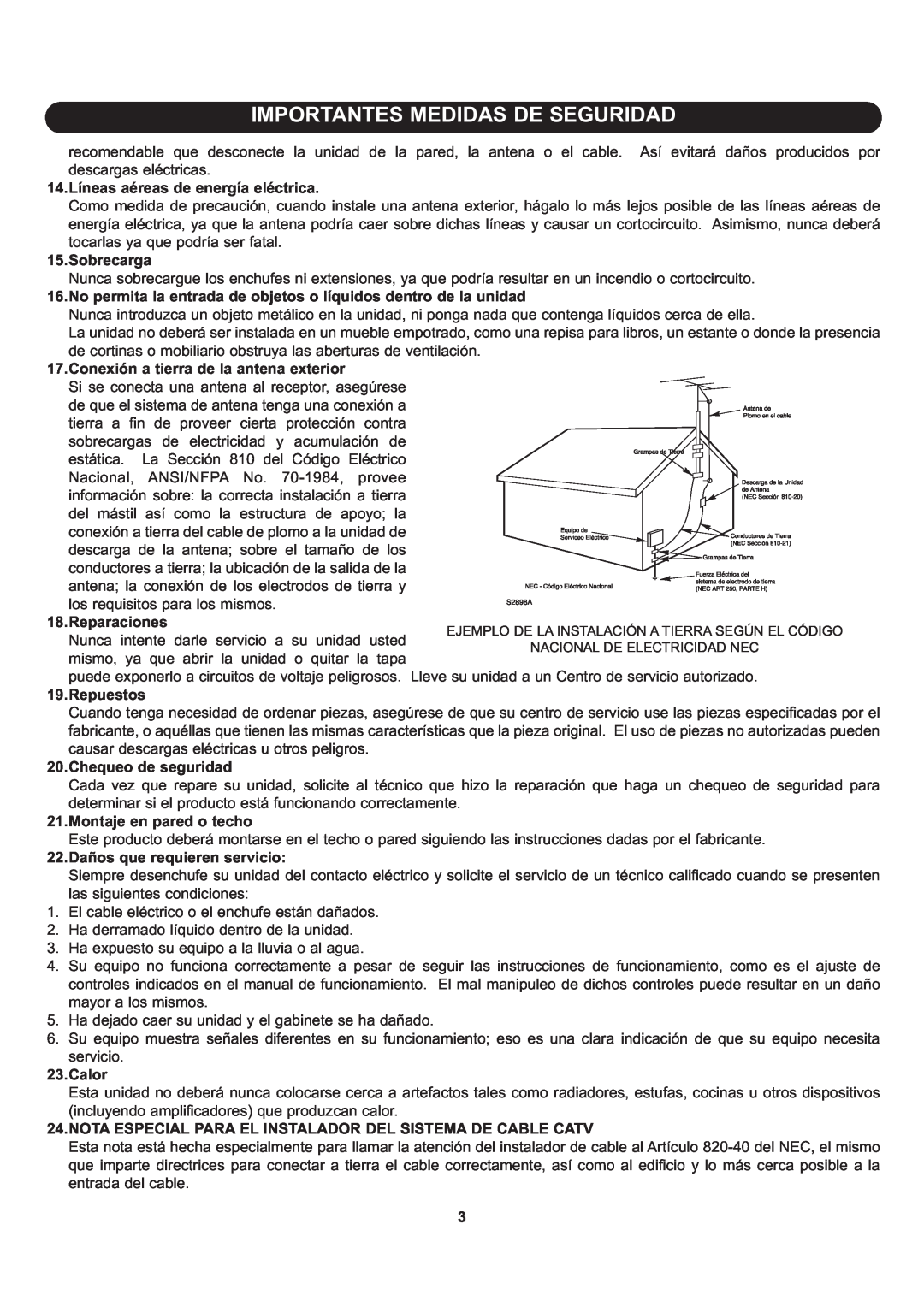 Memorex Flat Screen Tv manual Importantes Medidas De Seguridad, 14.Líneas aéreas de energía eléctrica 
