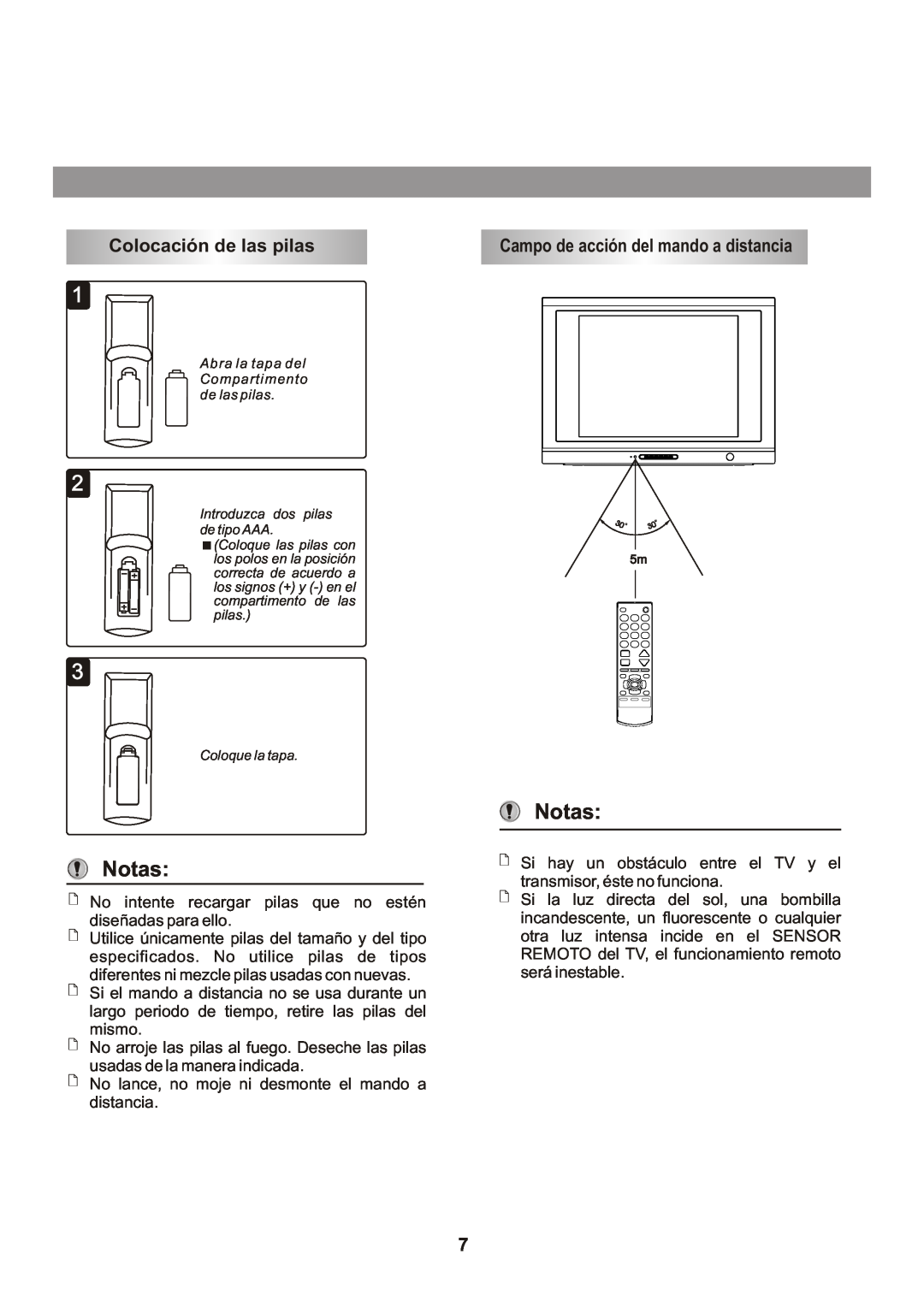 Memorex Flat Screen Tv manual Notas, Colocación de las pilas, Campo de acción del mando a distancia 