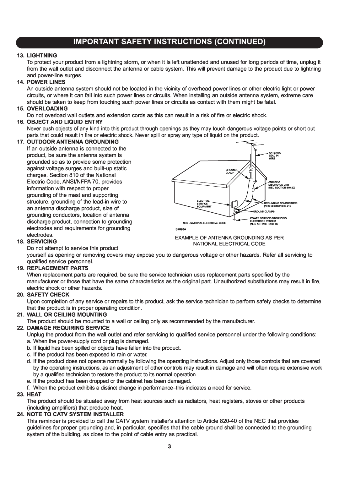 Memorex Flat Screen Tv manual Important Safety Instructions Continued, Lightning 