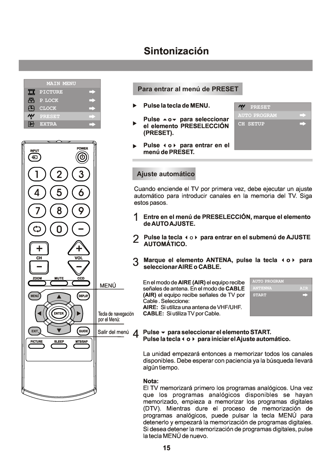 Memorex Flat Screen Tv manual Sintonización, Para entrar al menú de PRESET, Ajuste automático 