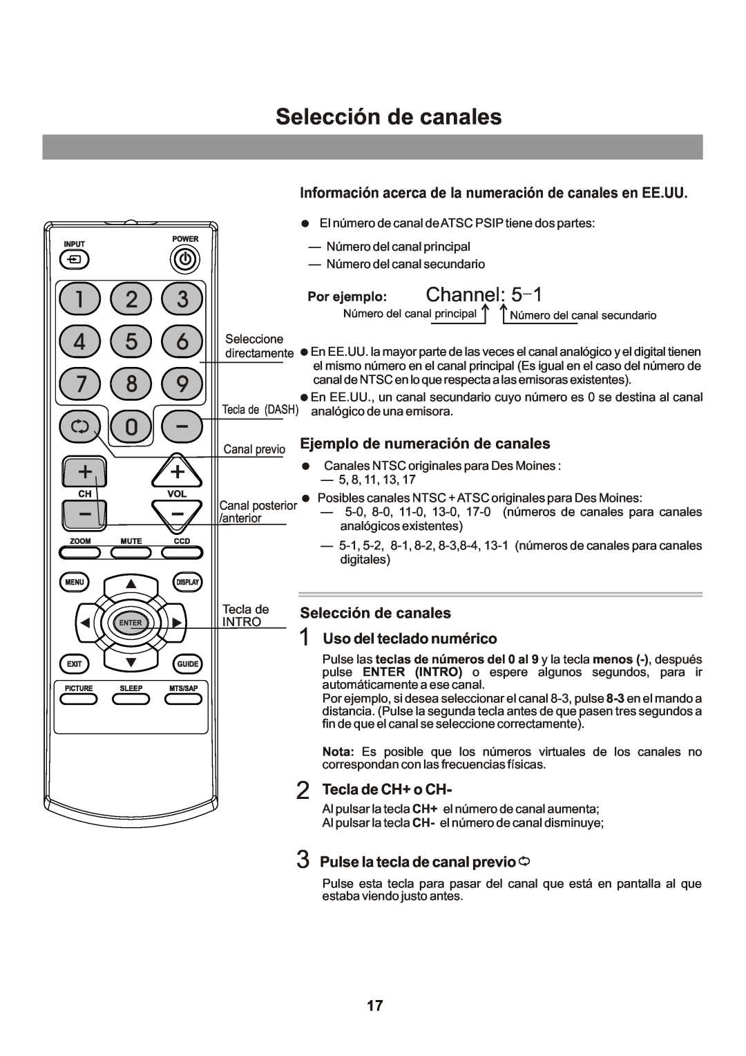 Memorex Flat Screen Tv manual Selección de canales, Channel 5, Información acerca de la numeración de canales en EE.UU 