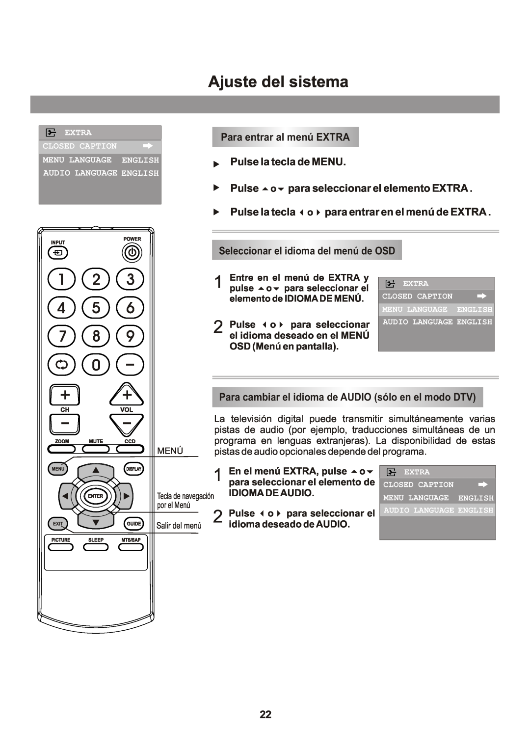 Memorex Flat Screen Tv manual Ajuste del sistema, Para entrar al menú EXTRA Pulse la tecla de MENU, Extra, Closed Caption 