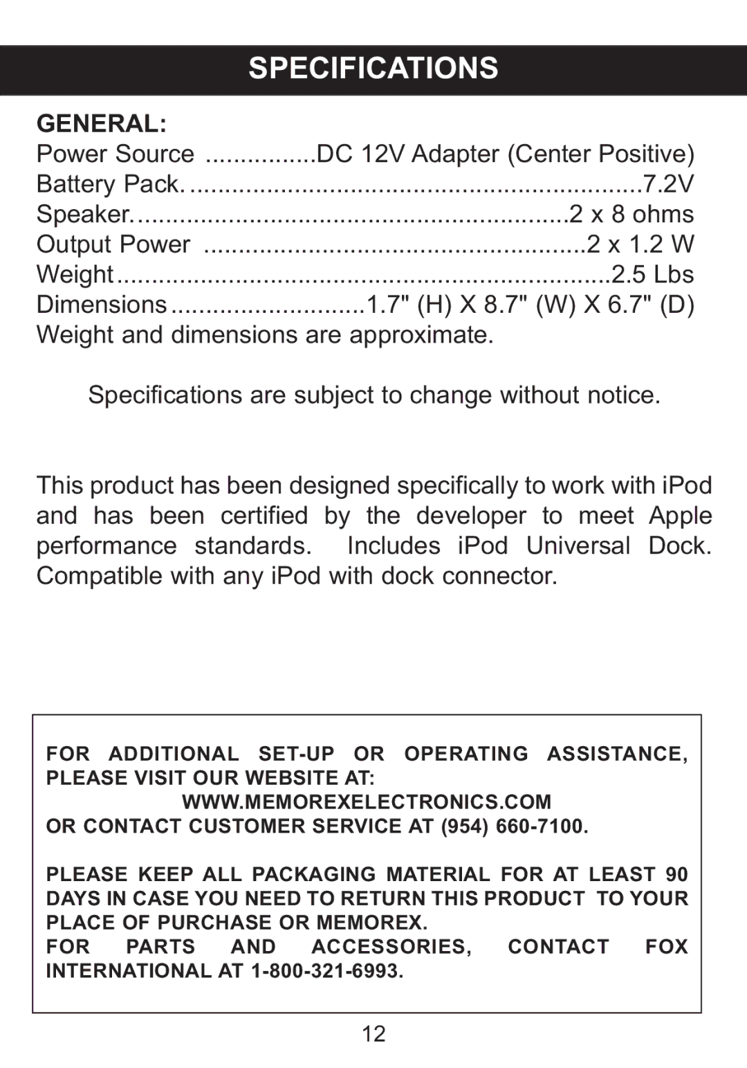 Memorex iFlipTM manual Specifications 