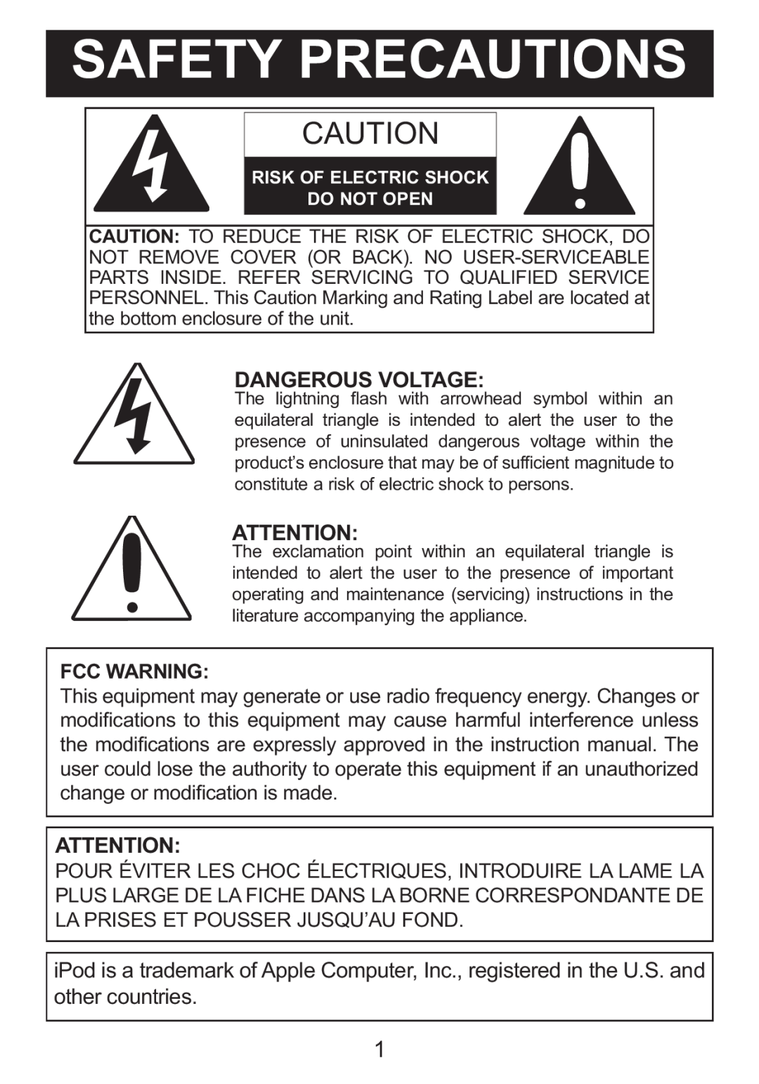 Memorex M12001 manual Safety Precautions, Dangerous Voltage, Fcc Warning 