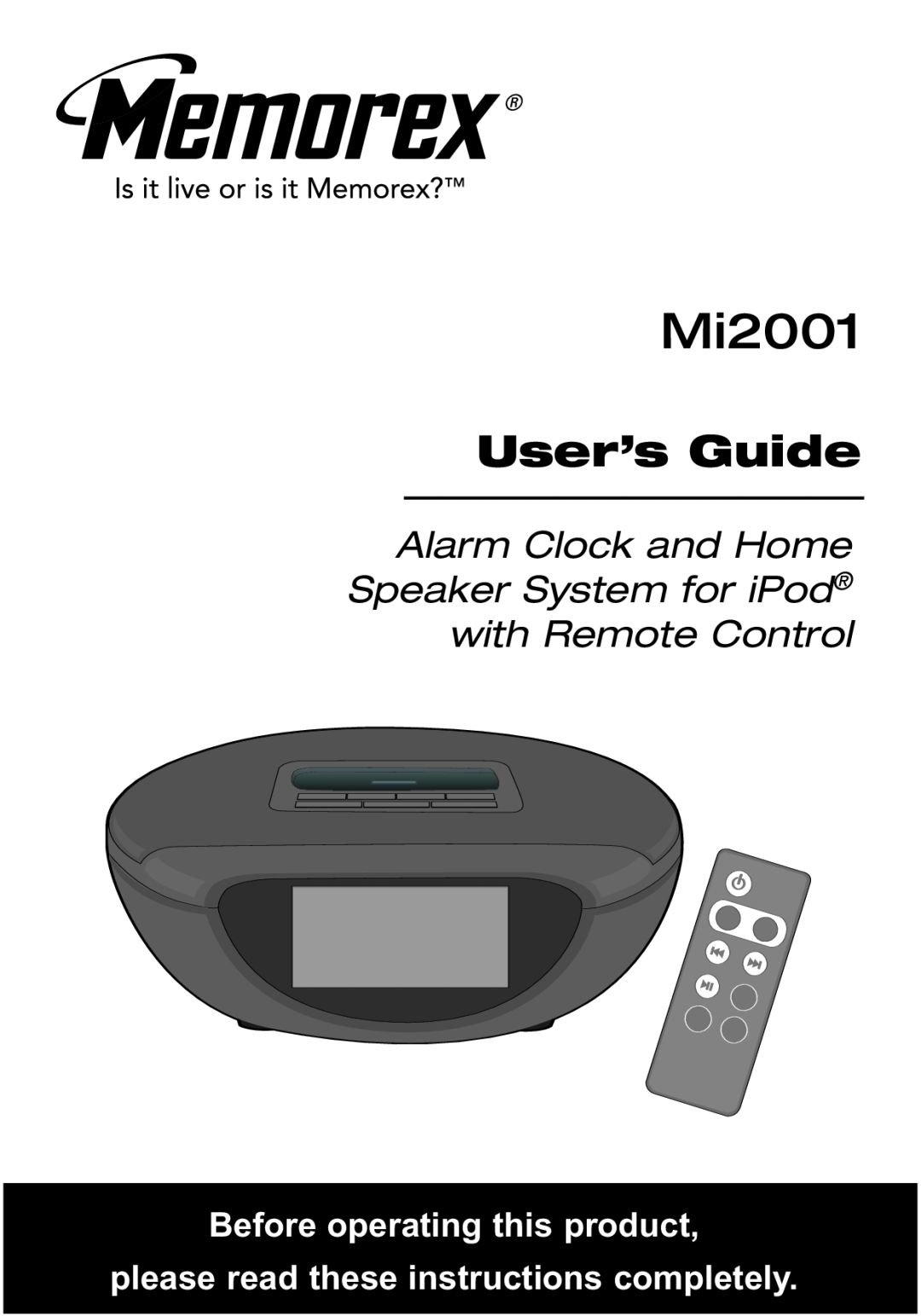 Memorex M12001 manual Mi2001, Alarm Clock and Home Speaker System for iPod with Remote Control, User’s Guide 