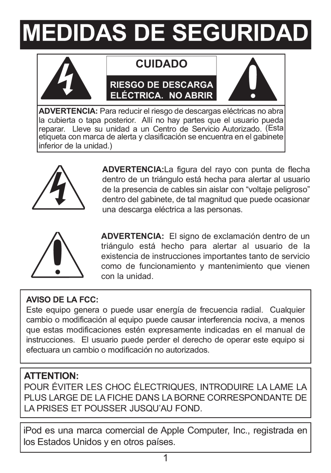 Memorex M12001 manual Medidas De Seguridad, Cuidado, Riesgo De Descarga Eléctrica. No Abrir 