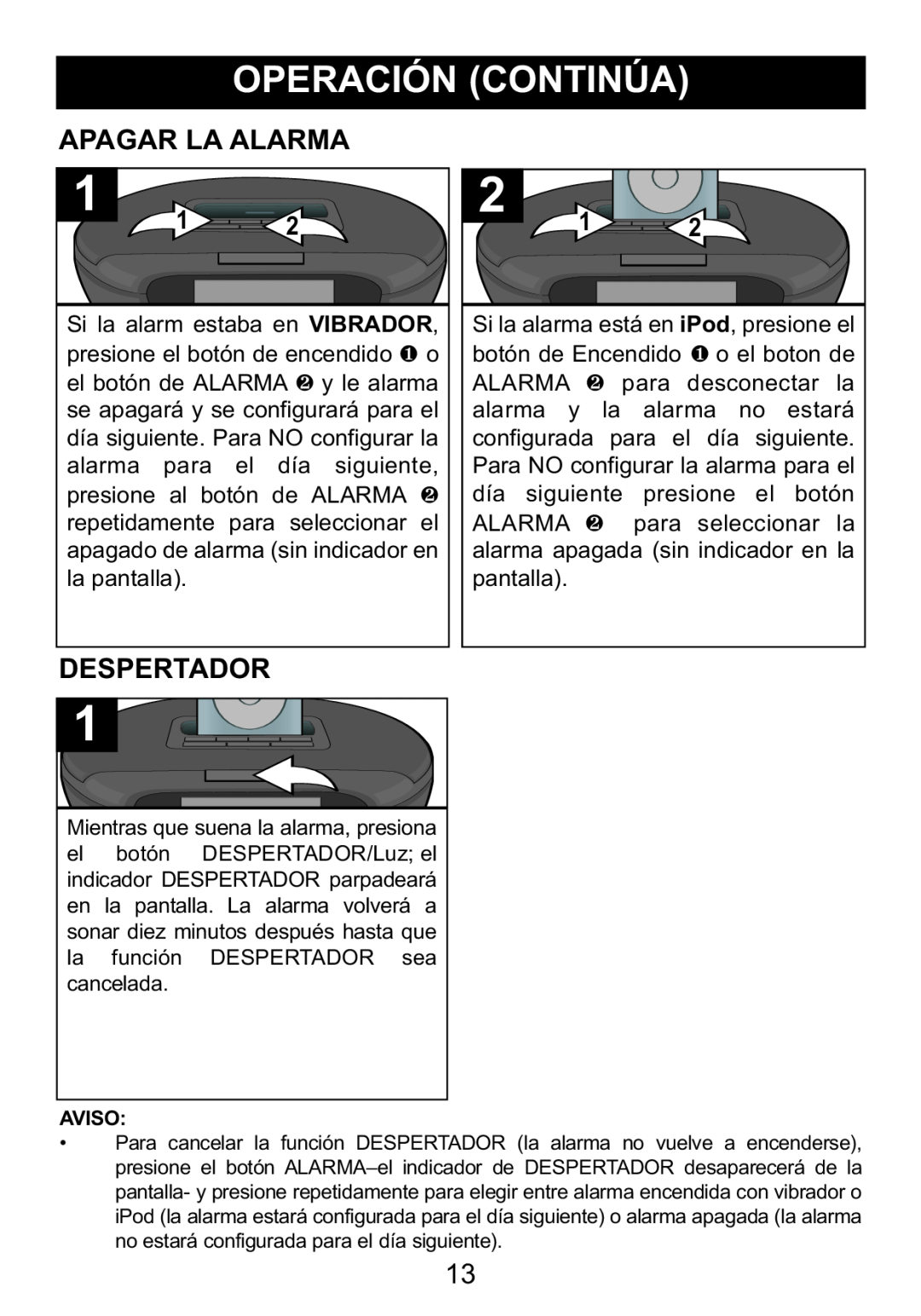 Memorex M12001 manual Apagar La Alarma, Despertador, Aviso 