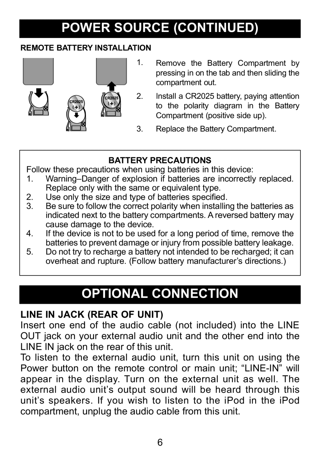 Memorex M12001 manual Line In Jack Rear Of Unit, Battery Precautions 