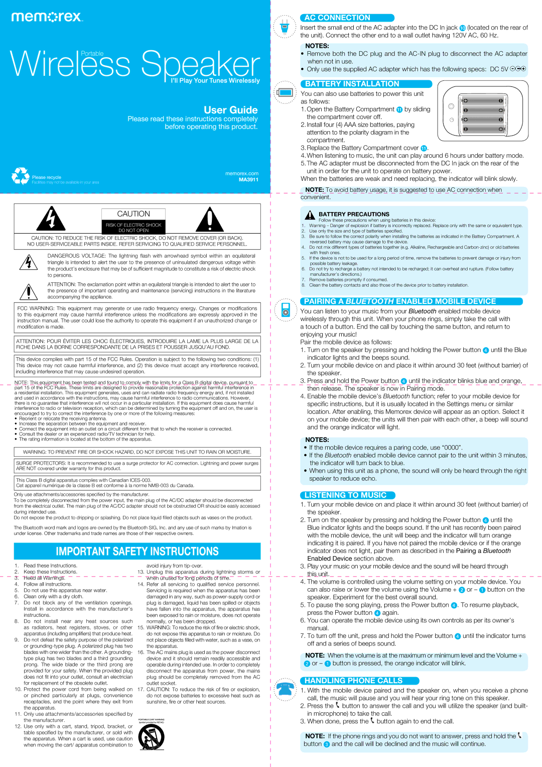 Memorex MA3911MS important safety instructions AC Connection, Battery Installation, Listening to Music 