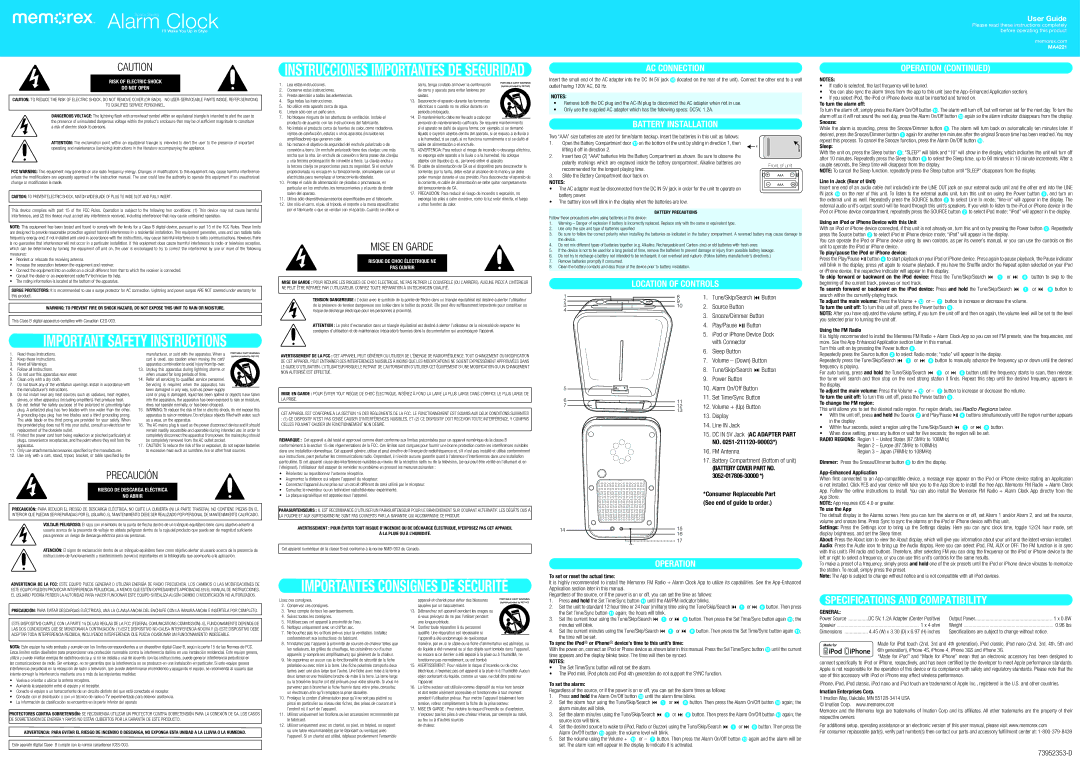 Memorex MA4221 important safety instructions AC Connection, Operation, Battery Installation, Location of Controls 