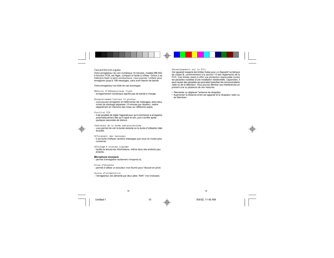 Memorex MB002 manual Caractéristiques 