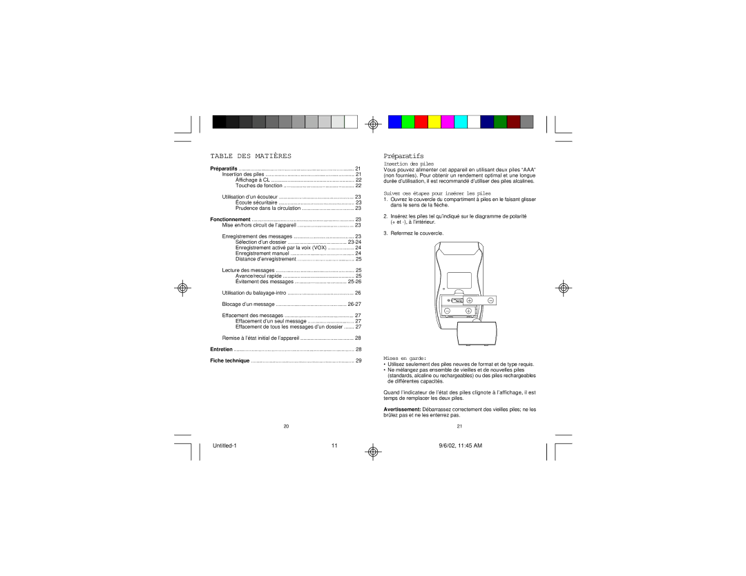 Memorex MB002 manual Table DES Matières, Préparatifs, Insertion des piles, Suivez ces étapes pour insérer les piles 