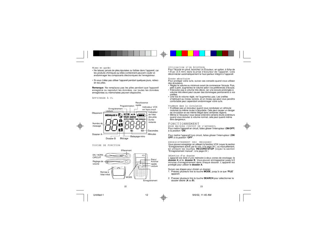 Memorex MB002 manual Fonctionnement, Àffichage À CL, Utilisation D’UN Écouteur, Mise EN/HORS Circuit DE L’APPAREIL 