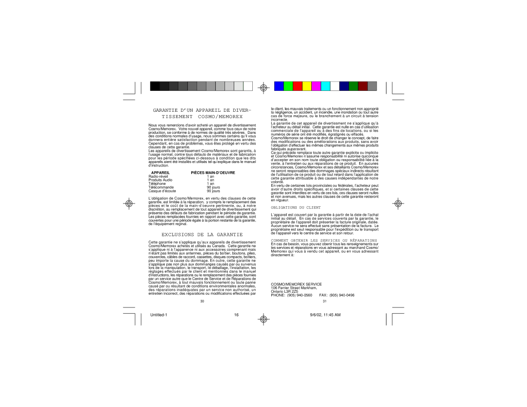 Memorex MB002 Garantie D’UN Appareil DE Diver Tissement COSMO/MEMOREX, Exclusions DE LA Garantie, Obligations DU Client 