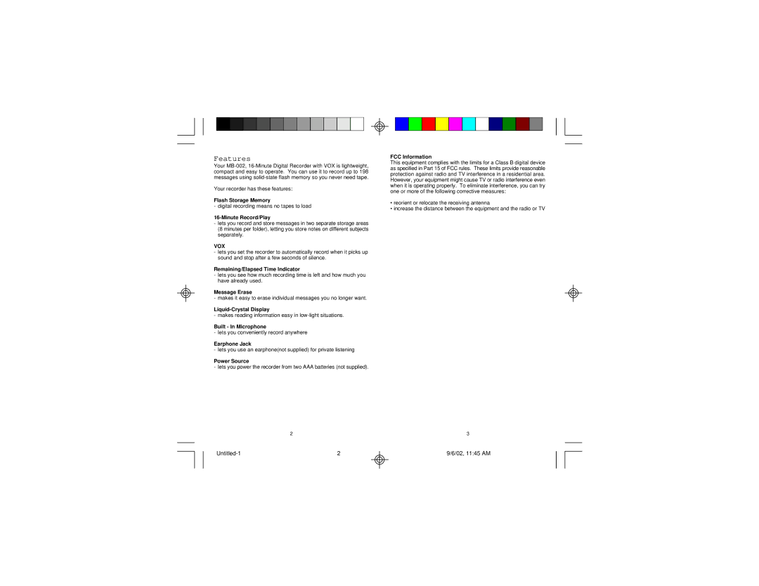 Memorex MB002 manual Features, Minute Record/Play 