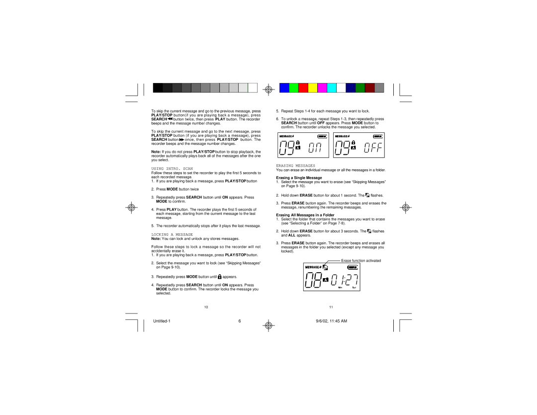 Memorex MB002 manual Using INTRO. Scan, Locking a Message, Erasing Messages 